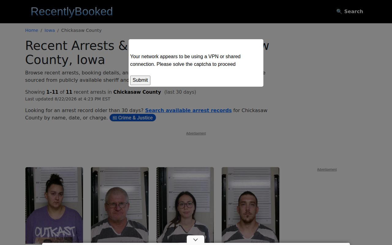 Chickasaw County unofficial recent booking records page interface