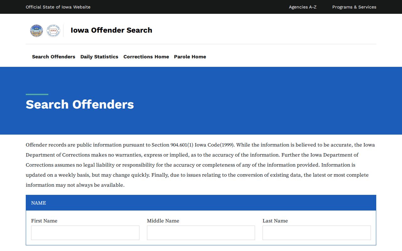 Chickasaw County Iowa DOC correctional record search fields