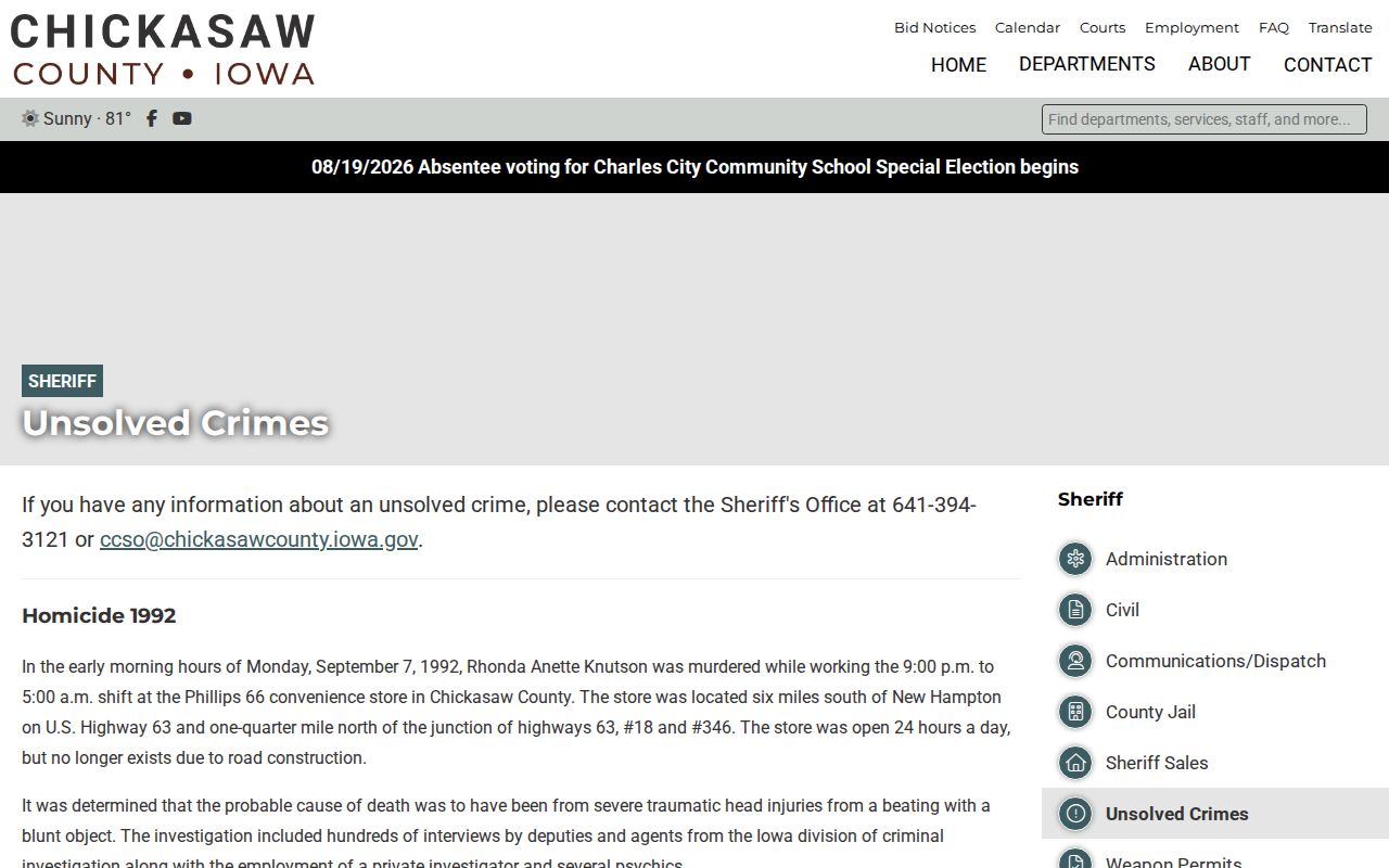Chickasaw County official unsolved-case tip record page